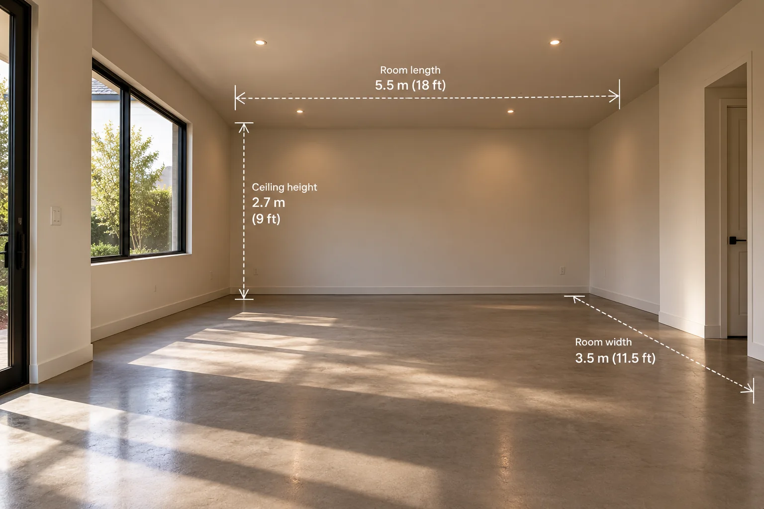Example home golf room with room length, width and ceiling height measurements