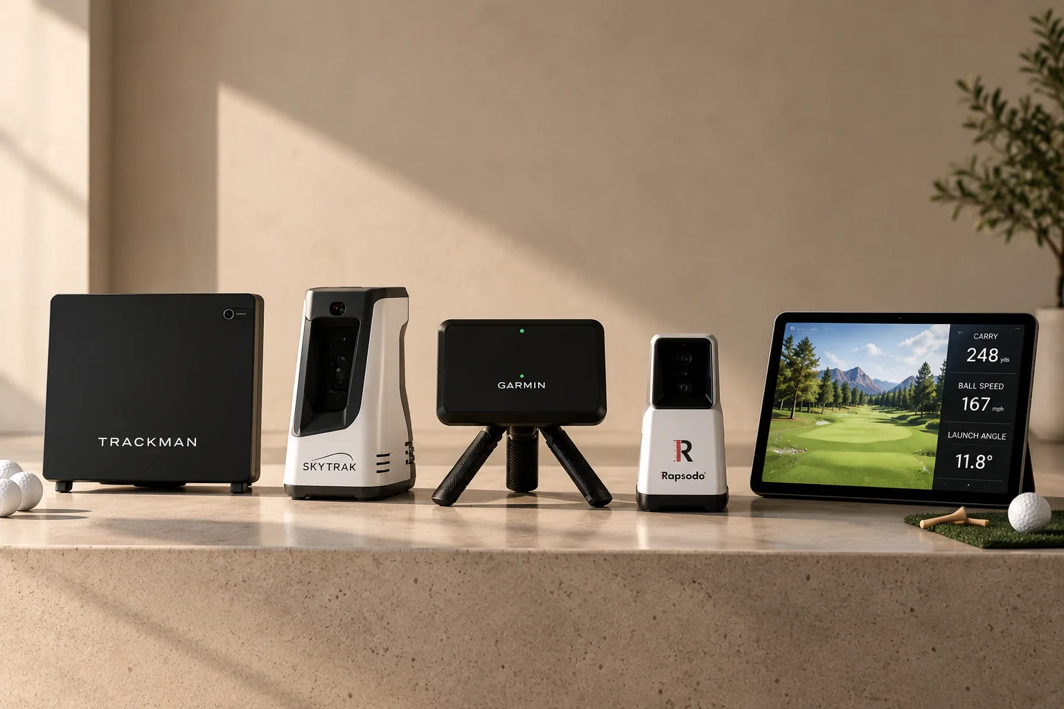 Golf launch monitors arranged in a clean product comparison scene