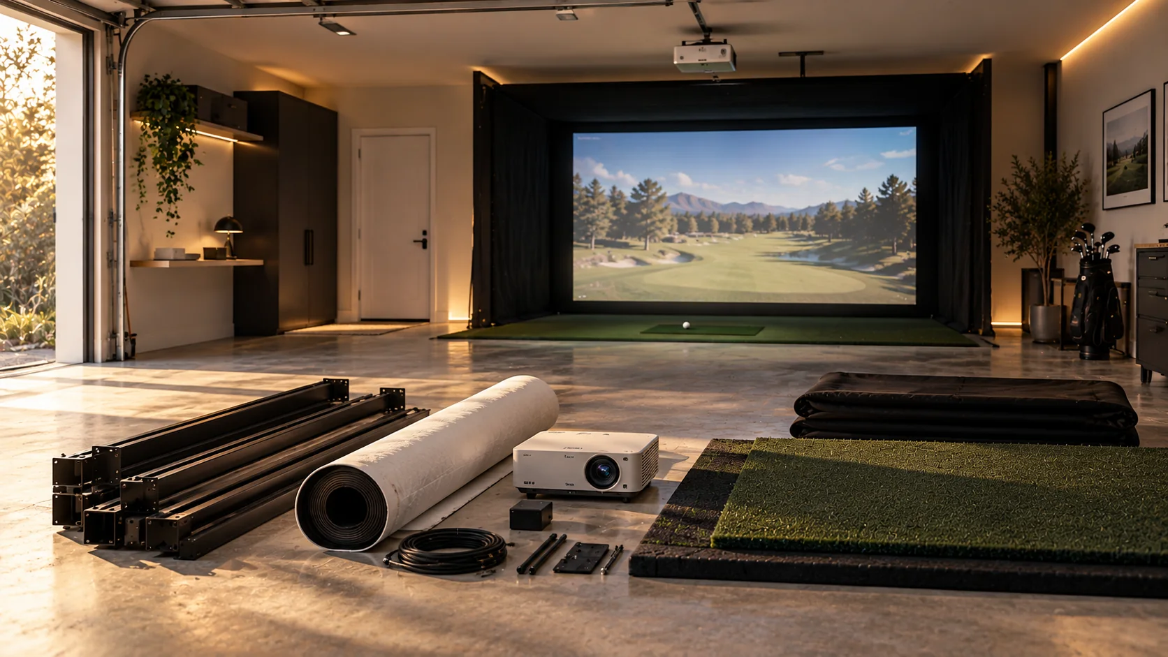Golf simulator components including enclosure rails, impact screen, projector and hitting mat